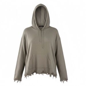 MITTOSHOP Women’s Sweater Hoodie Fringe Raw Edges Distressed Tan